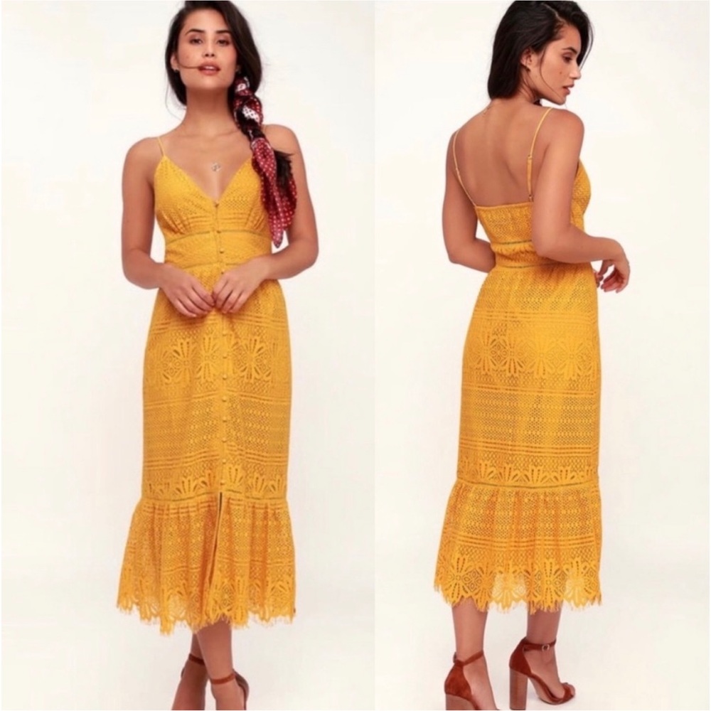 NEW Lulu’s | Robyn Mustard Yellow Lace Button-Up Midi Dress Boho Spanish Small